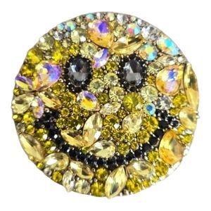 Smiley Face Brooch Pin Gold Yellow Black Crystal Rhinestone Playful Happy Funny
